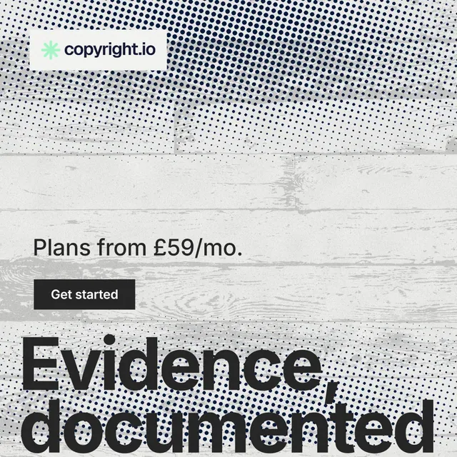 Instagram post for copyright.io: "Your content is being stolen." Swiss style, oversized layout, light palette in grey, white.