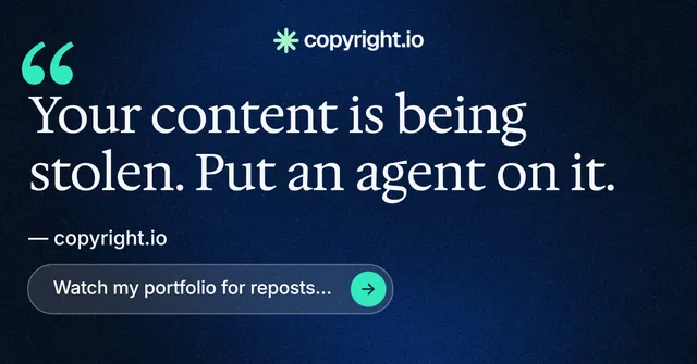 Social ad for copyright.io: "Find your reposted work." Agentic glass style, quote layout, dark palette in blue, black.