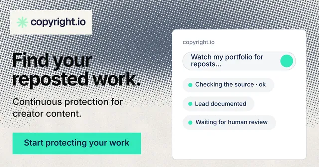Social ad for copyright.io: "Find your reposted work." Swiss style, bottom layout, light palette in grey, white, green.