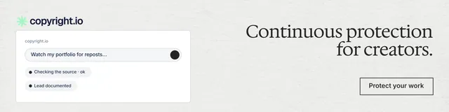 LinkedIn banner for copyright.io: "Continuous protection for creators." Editorial style, right layout, light palette in white, grey.