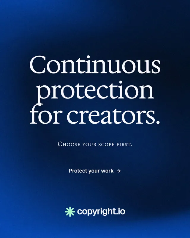 Instagram portrait post for copyright.io: "Continuous protection for creators." Minimal luxury style, smallcaps layout, dark palette in blue, black.