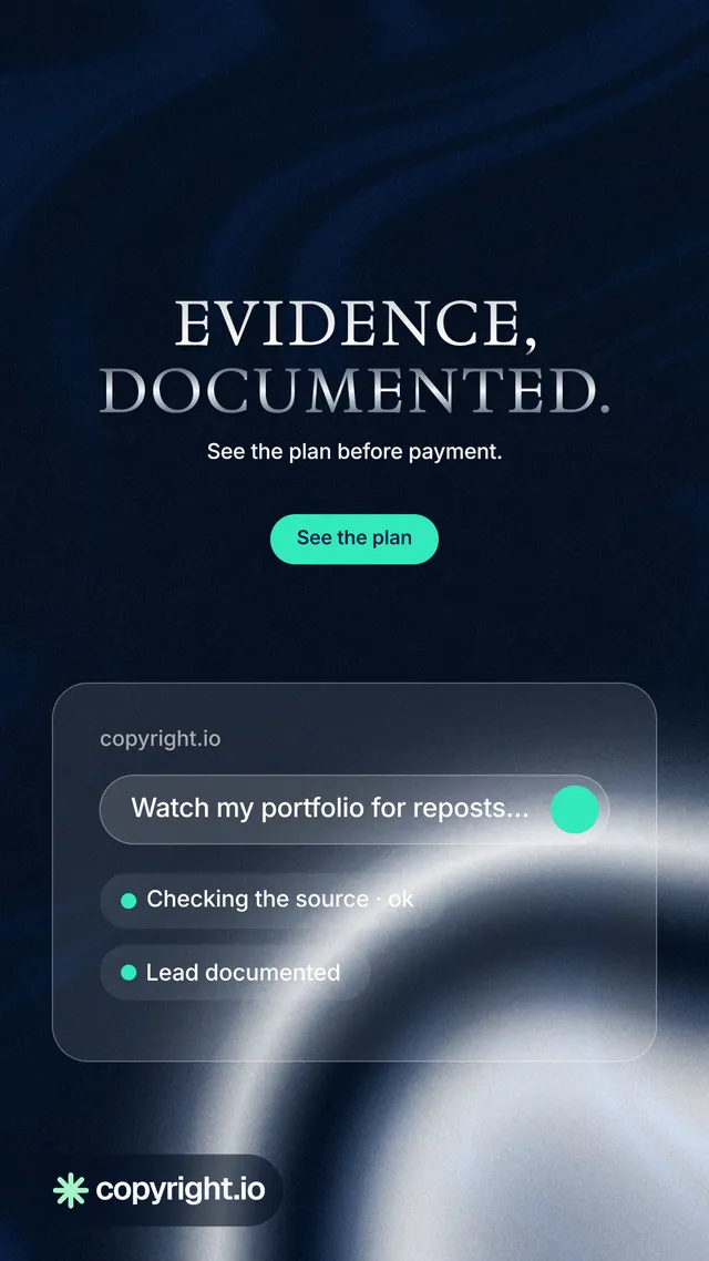Instagram story for copyright.io: "Evidence, documented." Y2K style, centred layout, dark palette in black, blue, grey.