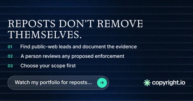 Social ad for copyright.io: "Reposts don't remove themselves." Agentic glass style, numbered layout, dark palette in black, blue.