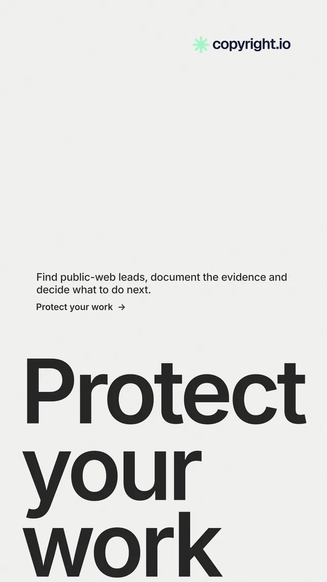 Instagram story for copyright.io: "See the plan first." Minimal luxury style, oversized layout, light palette in white, grey.