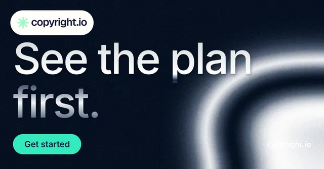 Social ad for copyright.io: "See the plan first." Y2K style, poster layout, dark palette in black, grey, blue.