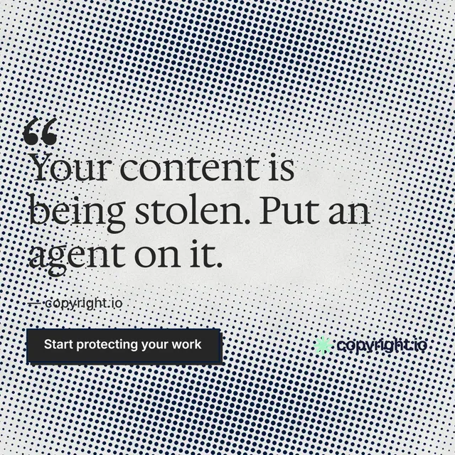 Instagram post for copyright.io: "Reposts don't remove themselves." Brutalist style, quote layout, light palette in grey, white.