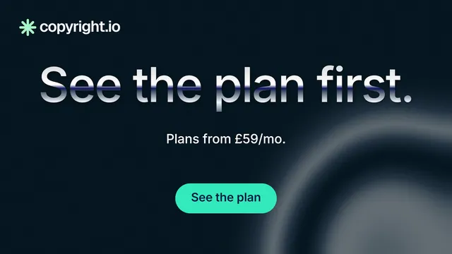 Landscape graphic for copyright.io: "See the plan first." Y2K style, centred layout, dark palette in black, grey, blue.