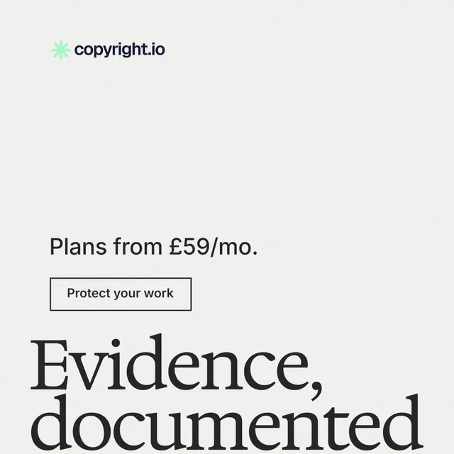 Instagram post for copyright.io: "Reposts don't remove themselves." Editorial style, oversized layout, light palette in white.