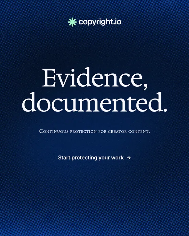 Instagram portrait post for copyright.io: "Evidence, documented." Minimal luxury style, smallcaps layout, dark palette in blue, black.
