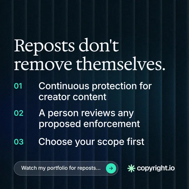 Instagram post for copyright.io: "Reposts don't remove themselves." Agentic glass style, numbered layout, dark palette in black, grey.