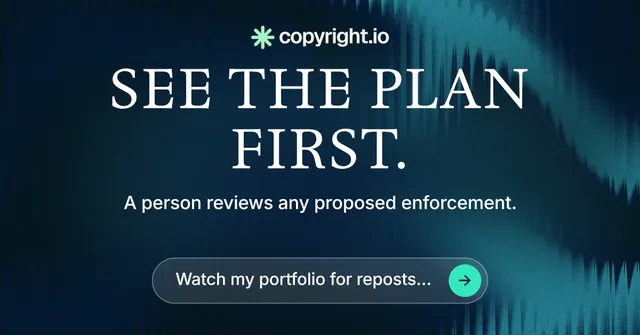 Social ad for copyright.io: "See the plan first." Agentic glass style, centred layout, dark palette in blue, black, teal.