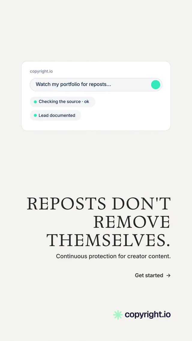 Instagram story for copyright.io: "Reposts don't remove themselves." Minimal luxury style, right layout, light palette in white.