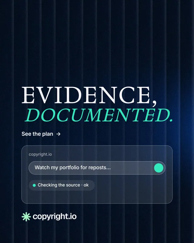 Instagram portrait post for copyright.io: "Evidence, documented." Minimal luxury style, stacked layout, dark palette in black, blue.