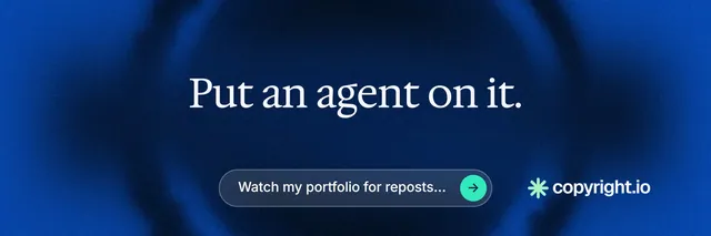 X header for copyright.io: "Put an agent on it." Agentic glass style, centred layout, dark palette in blue, black.