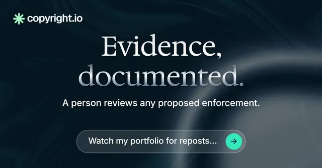 Social ad for copyright.io: "Evidence, documented." Agentic glass style, centred layout, dark palette in grey, black, blue.