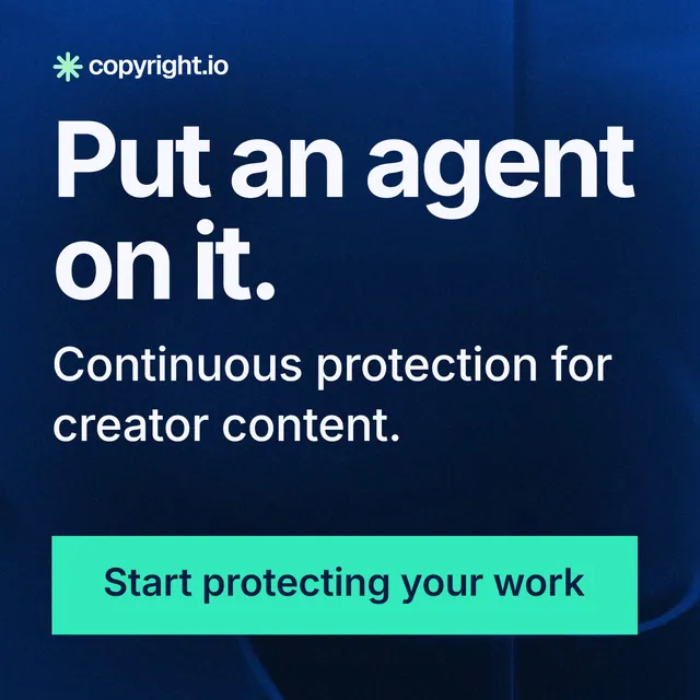 Instagram post for copyright.io: "Put an agent on it." Swiss style, skeleton layout, dark palette in blue, teal, black.