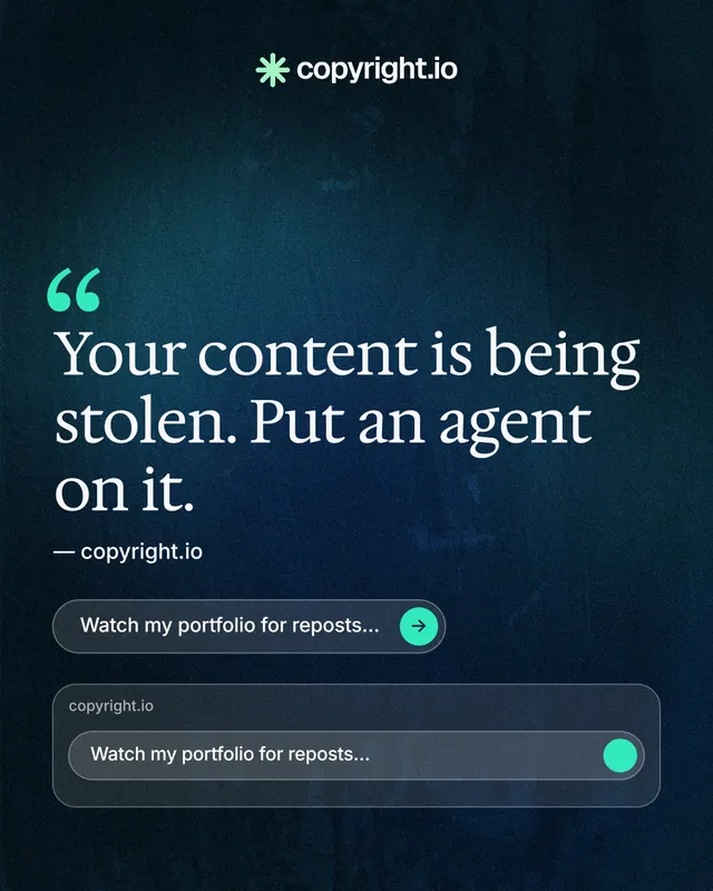 Instagram portrait post for copyright.io: "Find your reposted work." Agentic glass style, quote layout, dark palette in blue, black.
