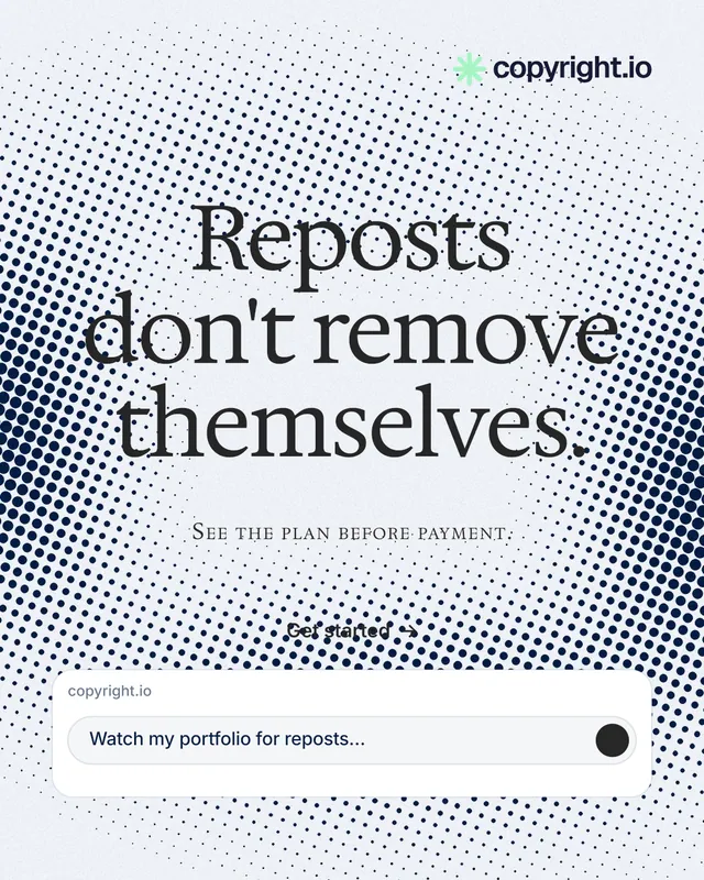 Instagram portrait post for copyright.io: "Reposts don't remove themselves." Split block style, smallcaps layout, light palette in white, blue, grey.