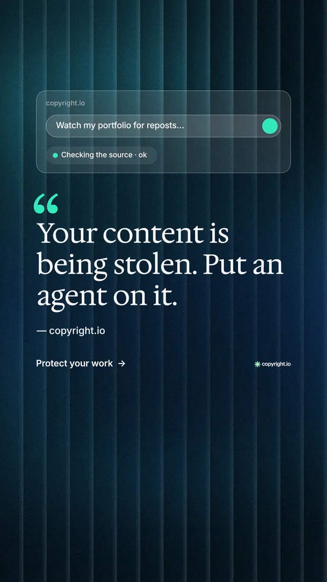 Instagram story for copyright.io: "Continuous protection for creators." Minimal luxury style, quote layout, dark palette in blue, black.
