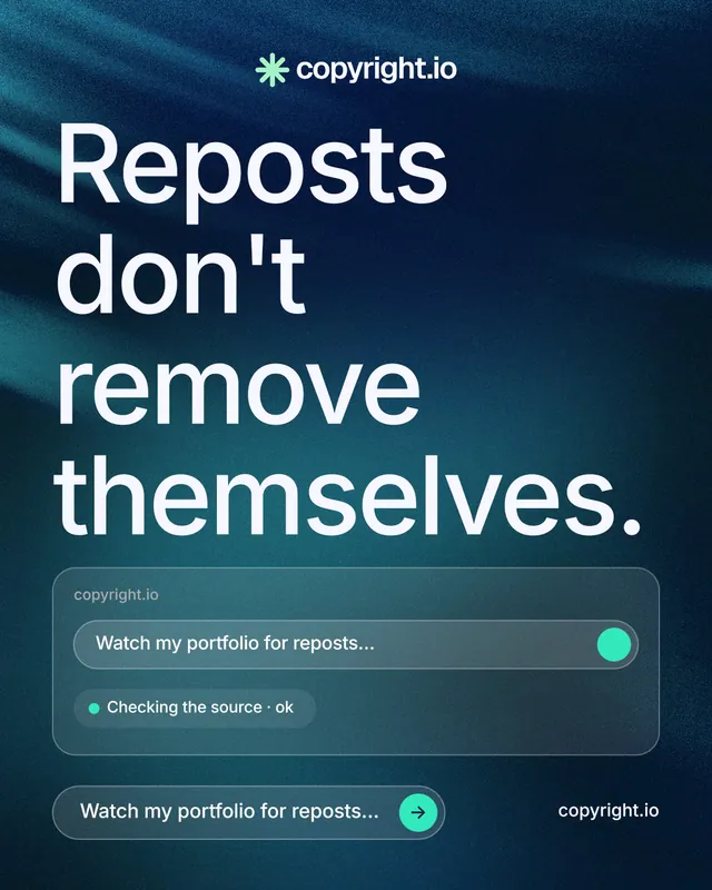 Instagram portrait post for copyright.io: "Reposts don't remove themselves." Agentic glass style, poster layout, dark palette in blue, black.