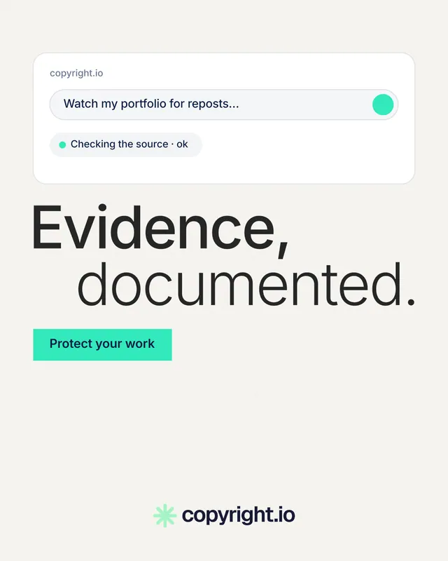 Instagram portrait post for copyright.io: "Evidence, documented." Swiss style, stacked layout, light palette in white, grey.