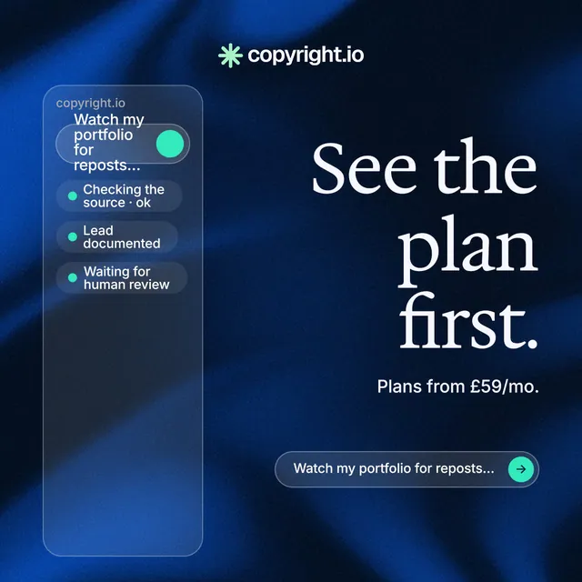 Instagram post for copyright.io: "See the plan first." Agentic glass style, right layout, dark palette in blue, black.