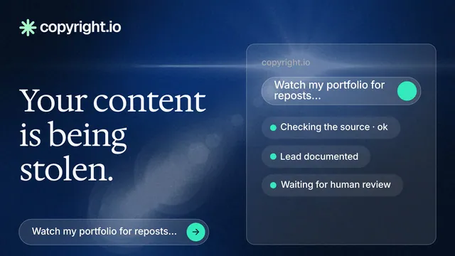 Landscape graphic for copyright.io: "Your content is being stolen." Agentic glass style, bottom layout, dark palette in blue, black.