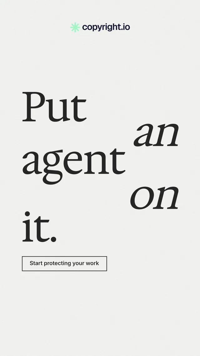 Instagram story for copyright.io: "Put an agent on it." Editorial style, stacked layout, light palette in white.