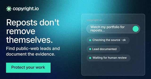 Social ad for copyright.io: "Reposts don't remove themselves." Swiss style, bottom layout, dark palette in blue, teal.