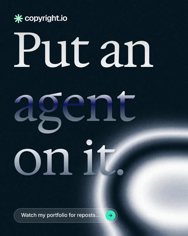 Instagram portrait post for copyright.io: "Put an agent on it." Agentic glass style, poster layout, dark palette in black, white, grey.