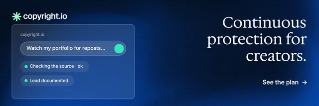 X header for copyright.io: "Continuous protection for creators." Minimal luxury style, right layout, dark palette in blue, black.
