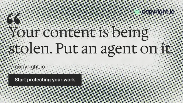 Landscape graphic for copyright.io: "Reposts don't remove themselves." Retro print style, quote layout, light palette in grey, white.