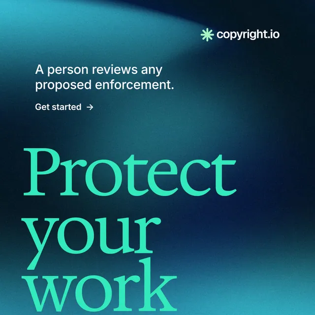 Instagram post for copyright.io: "Put an agent on it." Minimal luxury style, oversized layout, dark palette in black, blue, teal.
