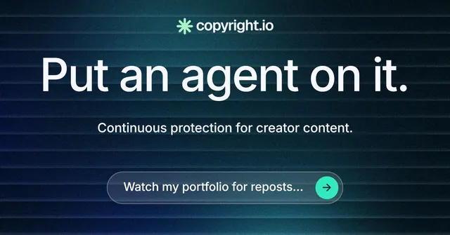Social ad for copyright.io: "Put an agent on it." Agentic glass style, centred layout, dark palette in black, blue, grey.