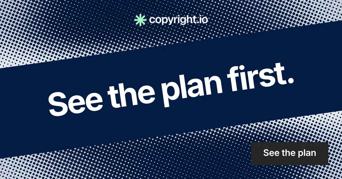 Social ad for copyright.io: "See the plan first." Swiss style, diagonal layout, dark palette in blue, grey.