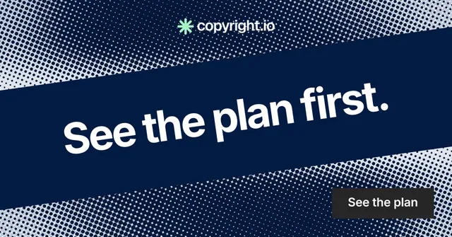 Social ad for copyright.io: "See the plan first." Swiss style, diagonal layout, dark palette in blue, grey.