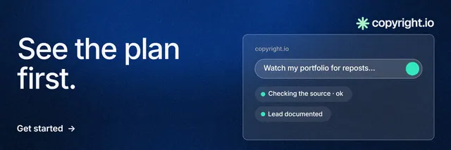 X header for copyright.io: "See the plan first." Minimal luxury style, bottom layout, dark palette in blue.
