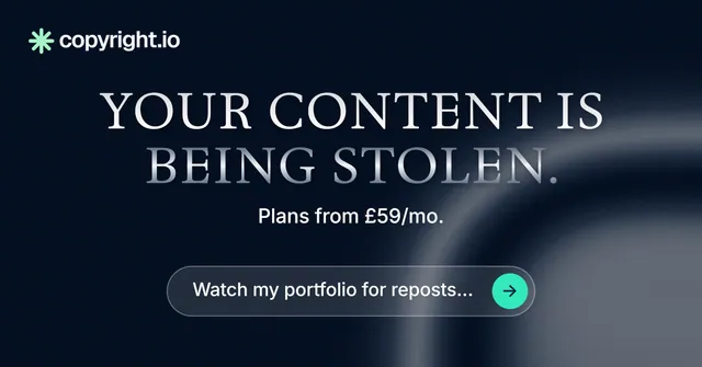Social ad for copyright.io: "Your content is being stolen." Agentic glass style, centred layout, dark palette in black, grey, blue.