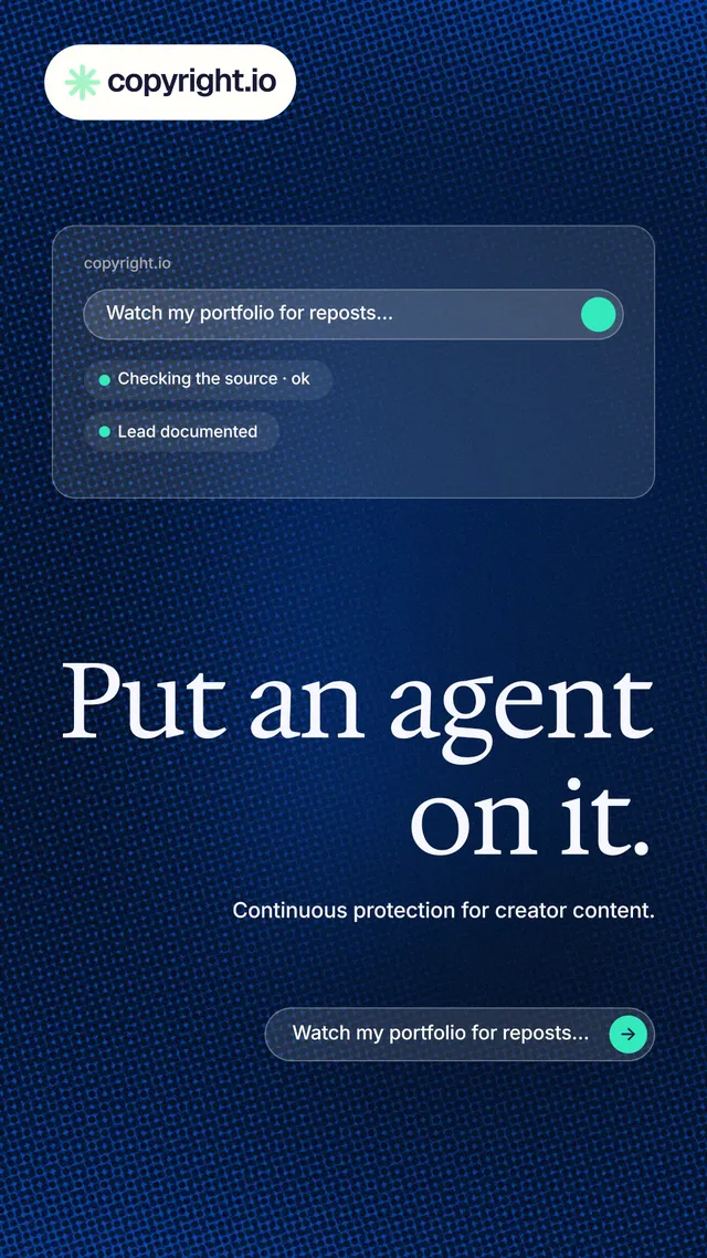 Instagram story for copyright.io: "Put an agent on it." Agentic glass style, right layout, dark palette in blue.