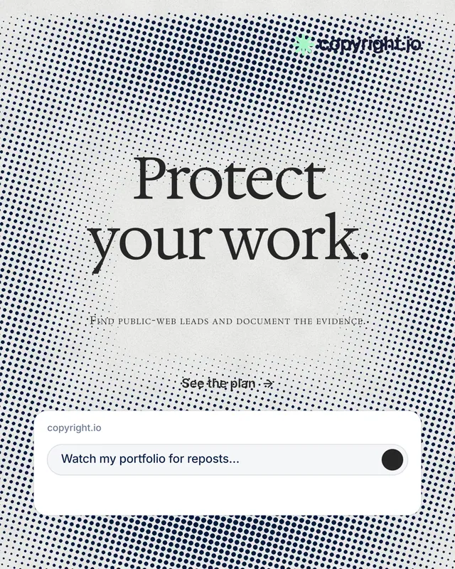 Instagram portrait post for copyright.io: "Protect your work." Swiss style, smallcaps layout, light palette in grey, white.
