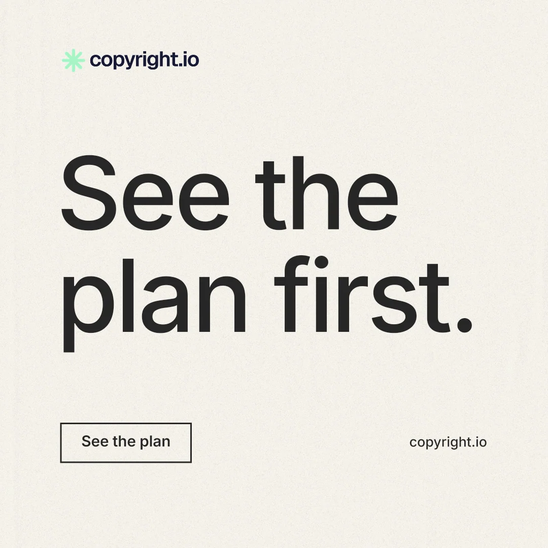 Instagram post for copyright.io: "See the plan first." Editorial style, poster layout, light palette in white, grey.