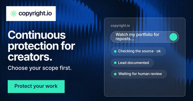 Social ad for copyright.io: "Continuous protection for creators." Swiss style, bottom layout, dark palette in blue, black.
