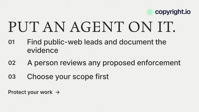 Landscape graphic for copyright.io: "Put an agent on it." Minimal luxury style, numbered layout, light palette in white.