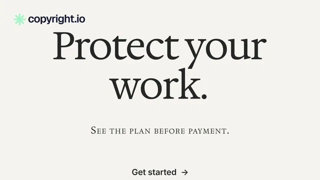 Landscape graphic for copyright.io: "Protect your work." Swiss style, smallcaps layout, light palette in white, grey.