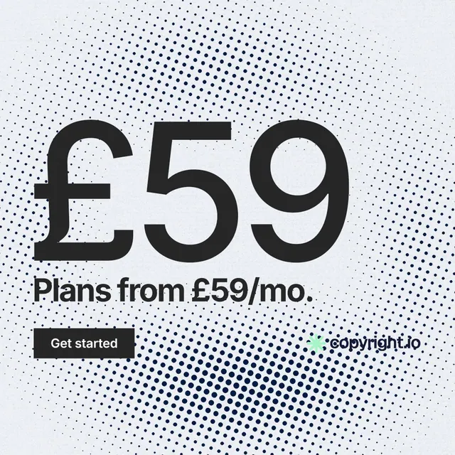 Instagram post for copyright.io: "Protect your work." Swiss style, stat layout, light palette in white, blue, grey.