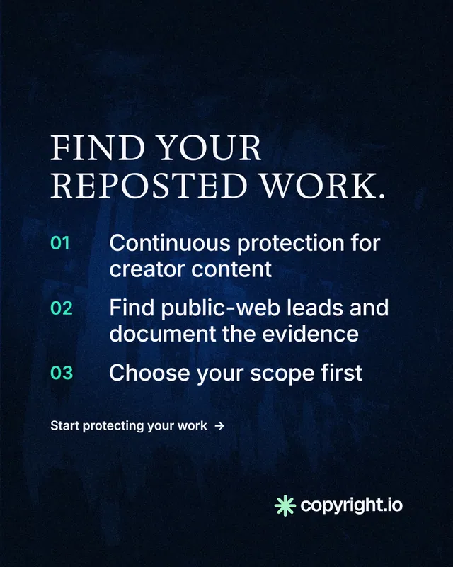 Instagram portrait post for copyright.io: "Find your reposted work." Minimal luxury style, numbered layout, dark palette in black, blue.