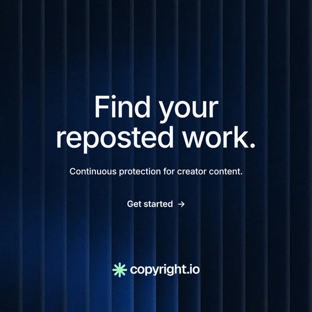 Instagram post for copyright.io: "Find your reposted work." Minimal luxury style, centred layout, dark palette in black, blue.