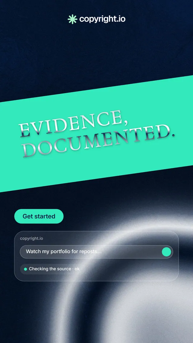 Instagram story for copyright.io: "Evidence, documented." Y2K style, diagonal layout, dark palette in teal, black, grey.
