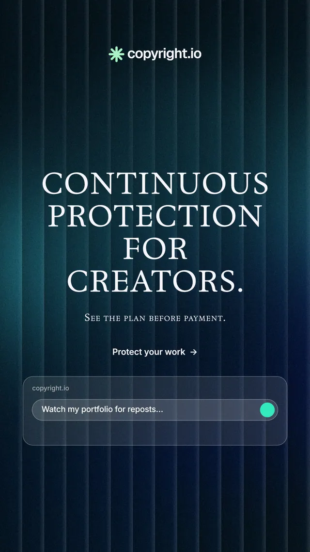 Instagram story for copyright.io: "Continuous protection for creators." Agentic glass style, smallcaps layout, dark palette in blue, black.