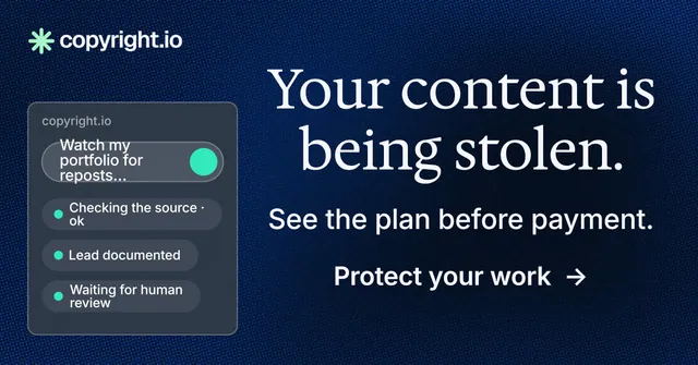 Social ad for copyright.io: "Your content is being stolen." Minimal luxury style, skeleton layout, dark palette in blue, black, grey.